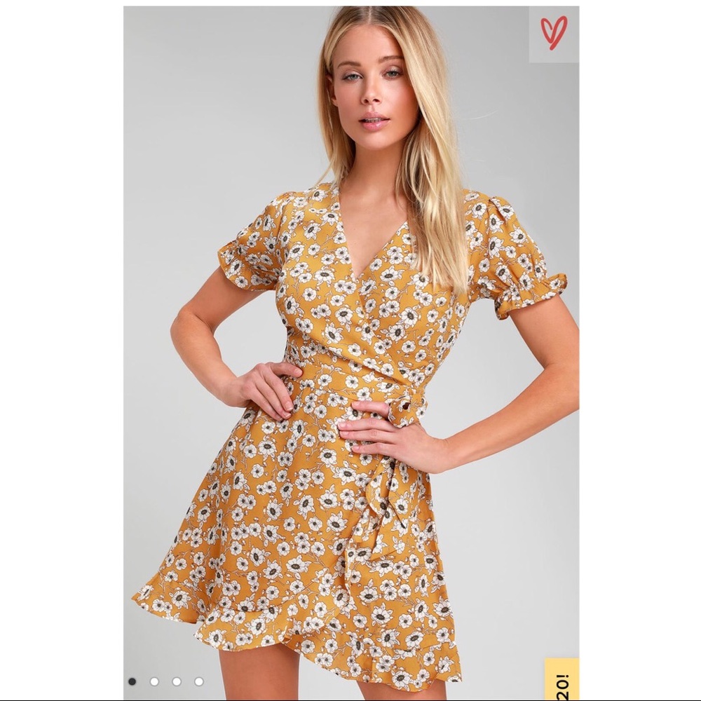 Lulus Mustard Yellow Floral Print Ruffled Dress